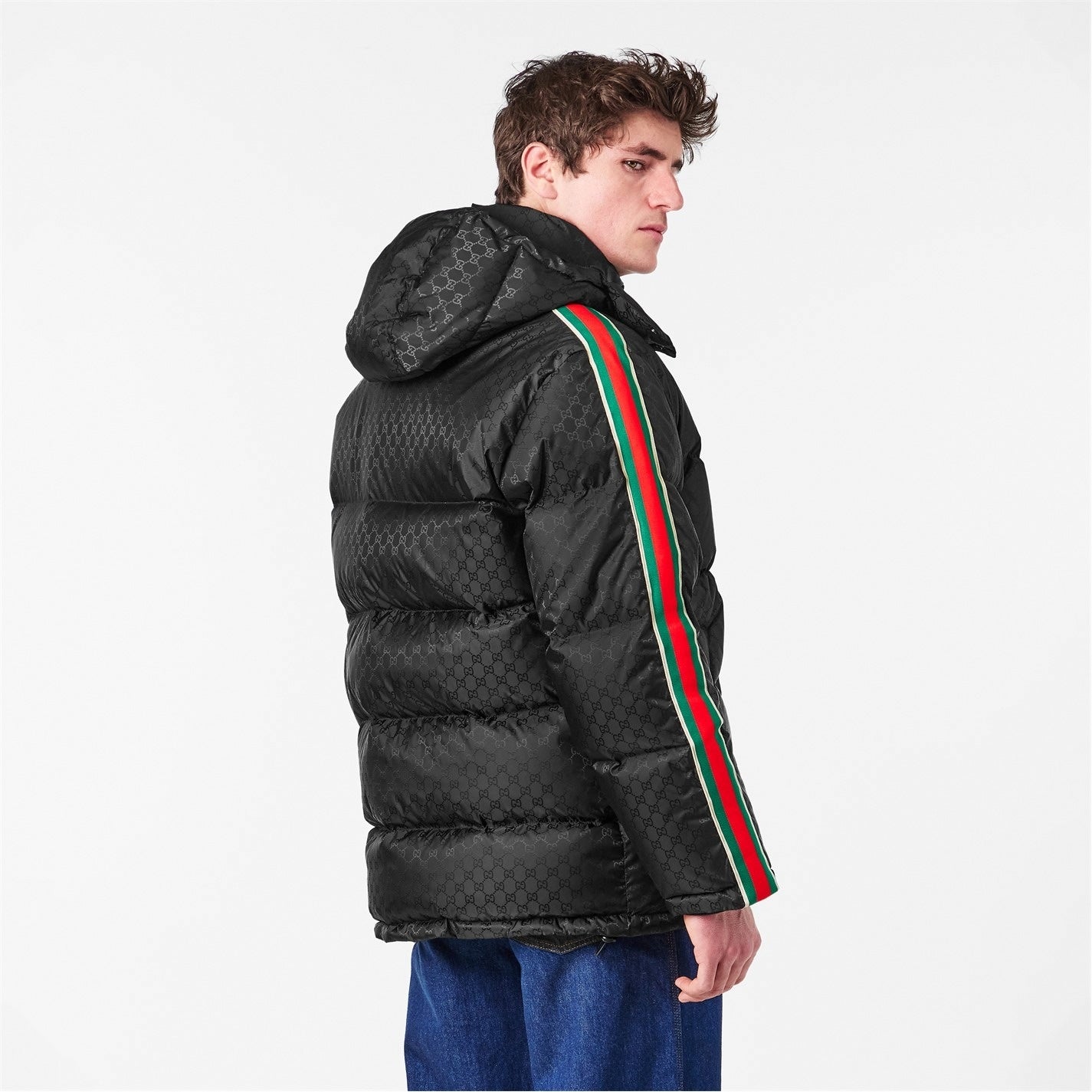 GG Nylon Jacquard Web Down Jacket in Black