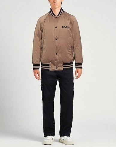 Beige Bomber Jacket with Ribbed Trim