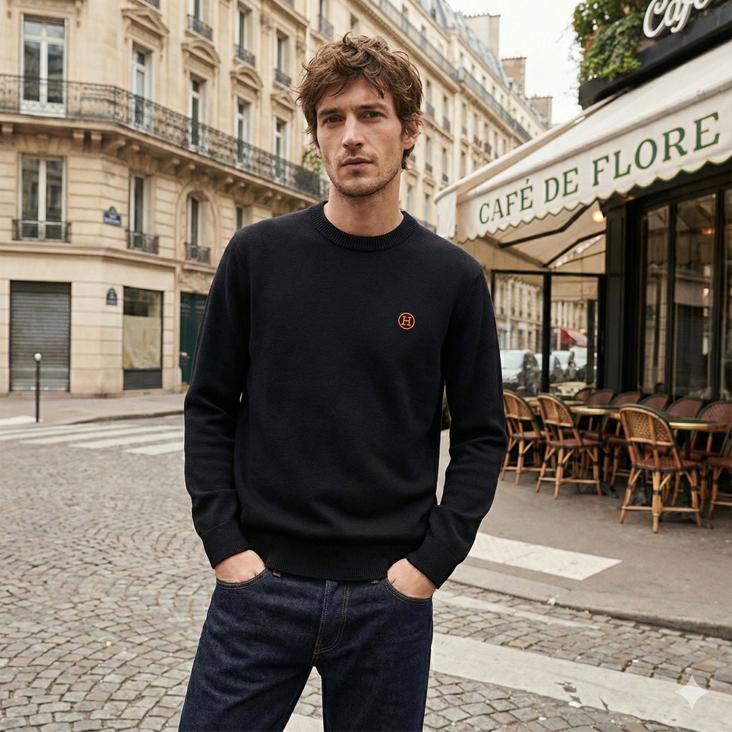 H Rond Embroidered Wool Crewneck Sweater