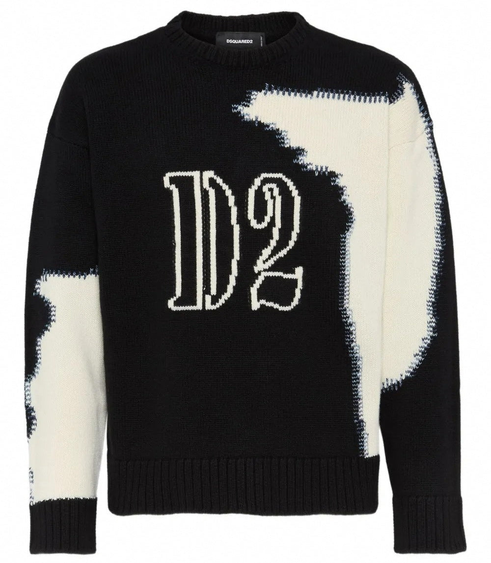 Black & White Intarsia-Knit “D2” Logo Jumper