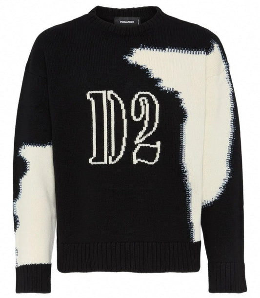 Black & White Intarsia-Knit “D2” Logo Jumper