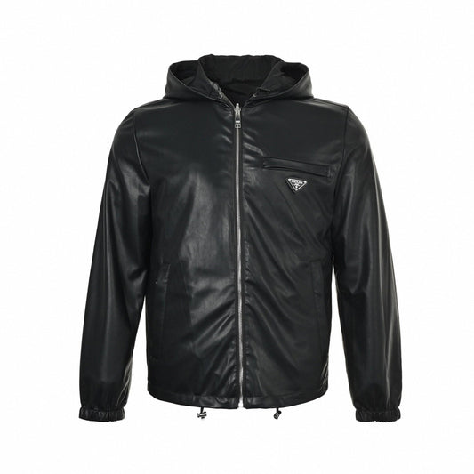 Reversible Hooded Jacket – Black Leather & Nylon Dual-Finish