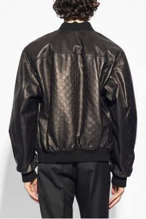 Black GG Monogram Leather Bomber Jacket