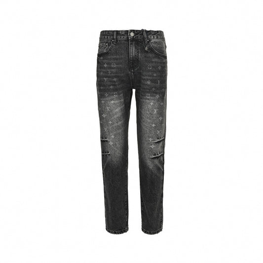 Black Washed Denim Jeans with Monogram & Cowboy Embroidery