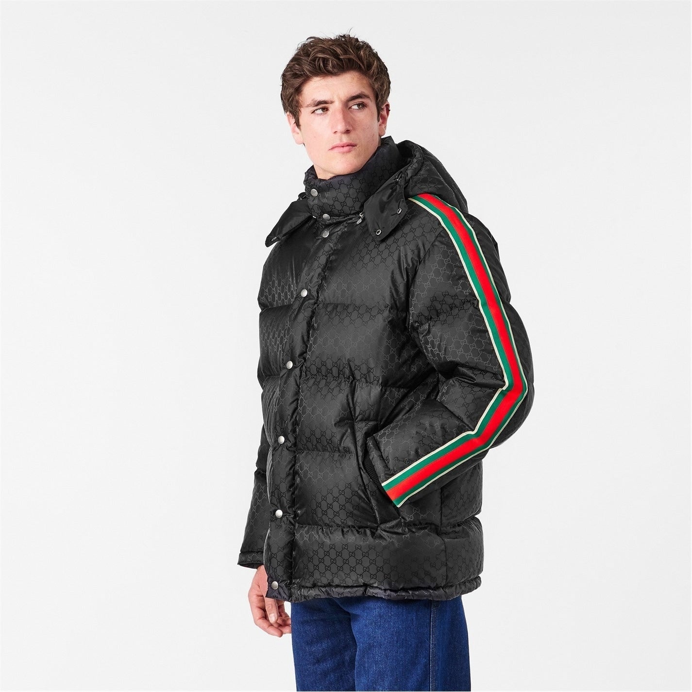 GG Nylon Jacquard Web Down Jacket in Black