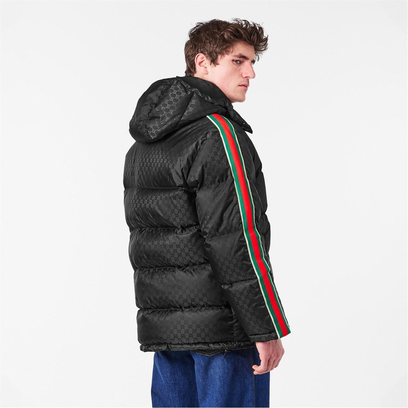 GG Nylon Jacquard Web Down Jacket in Black