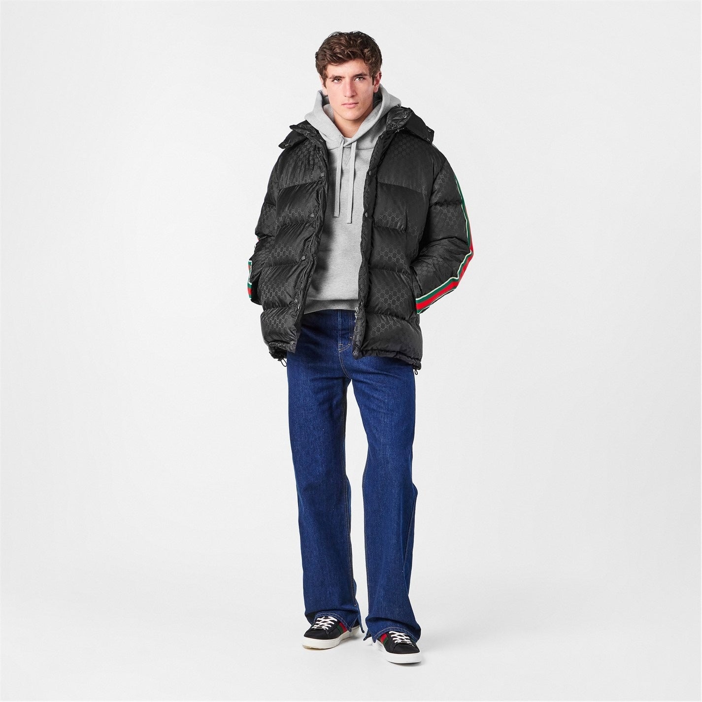 GG Nylon Jacquard Web Down Jacket in Black