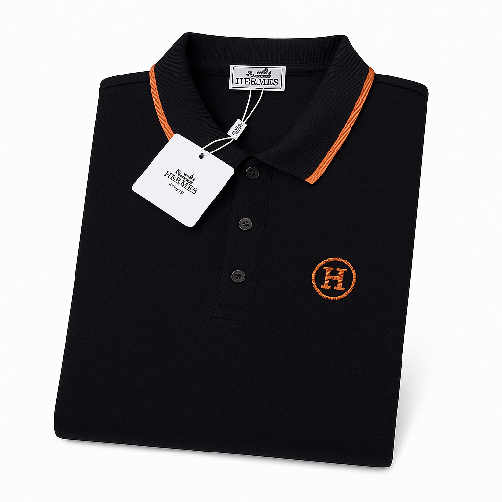 Black Polo Shirt with Orange Accents and Signature “H” Embroidery