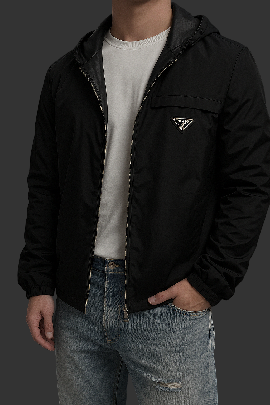Reversible Hooded Jacket – Black Leather & Nylon Dual-Finish