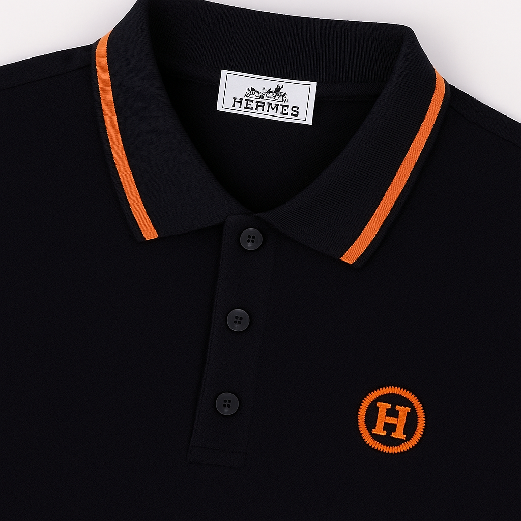Black Polo Shirt with Orange Accents and Signature “H” Embroidery