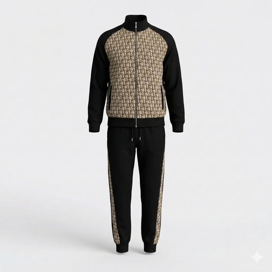 Oblique Zip-Up Tracksuit Set in Black & Beige