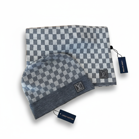 Light Grey & White Damier Beanie & Scarf Set