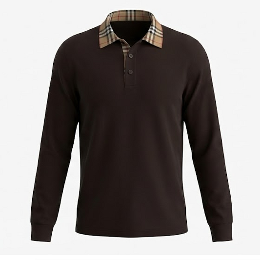 Long-Sleeve Polo Shirt with Vintage Check Collar