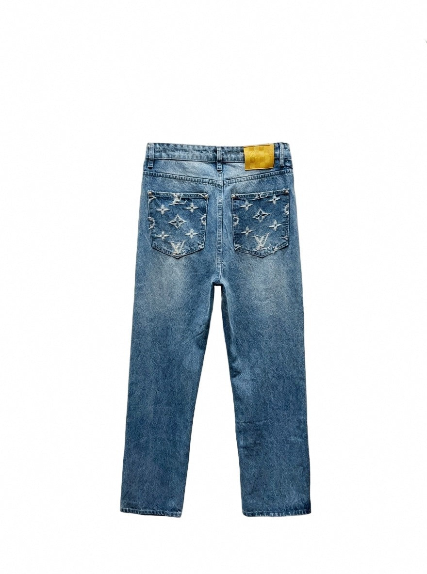 Light Blue Monogram Embroidered Denim Jeans