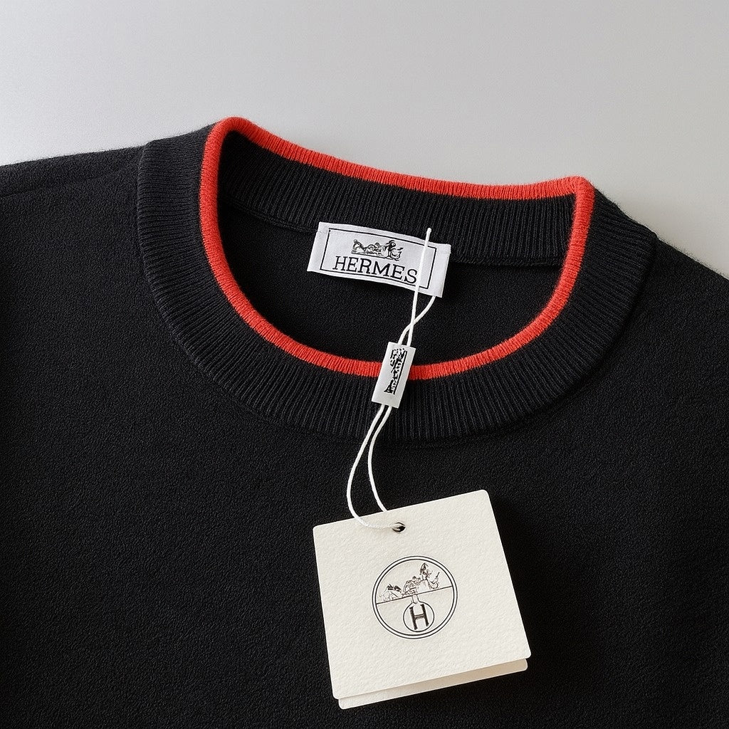 Signature Black Wool Crewneck Sweater with Red Trim