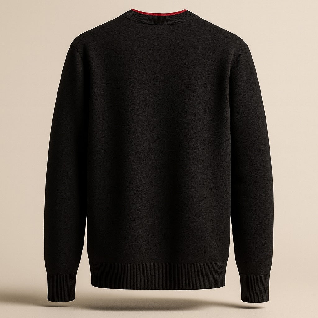 Signature Black Wool Crewneck Sweater with Red Trim