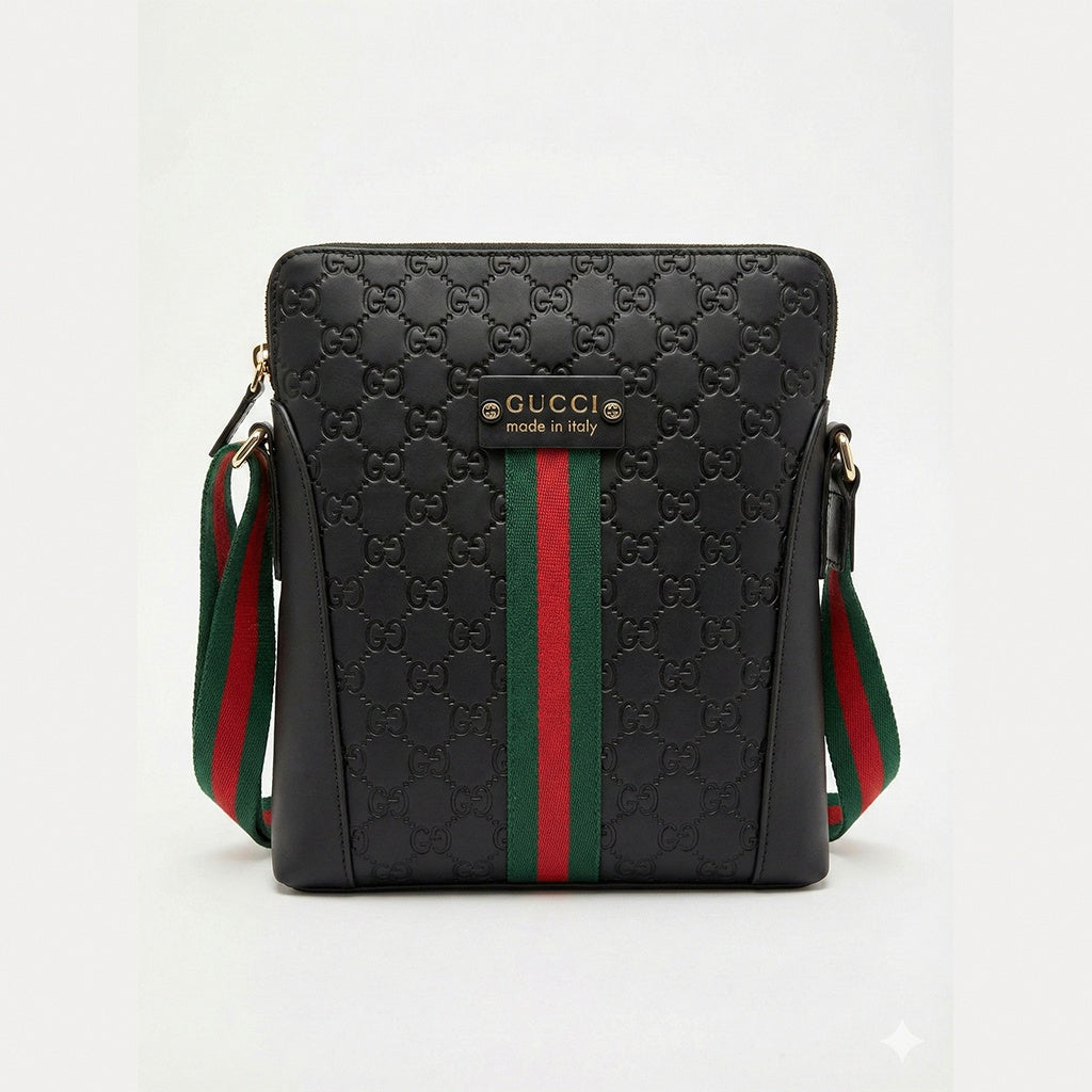 GG Embossed Leather Messenger Bag with Web Stripe