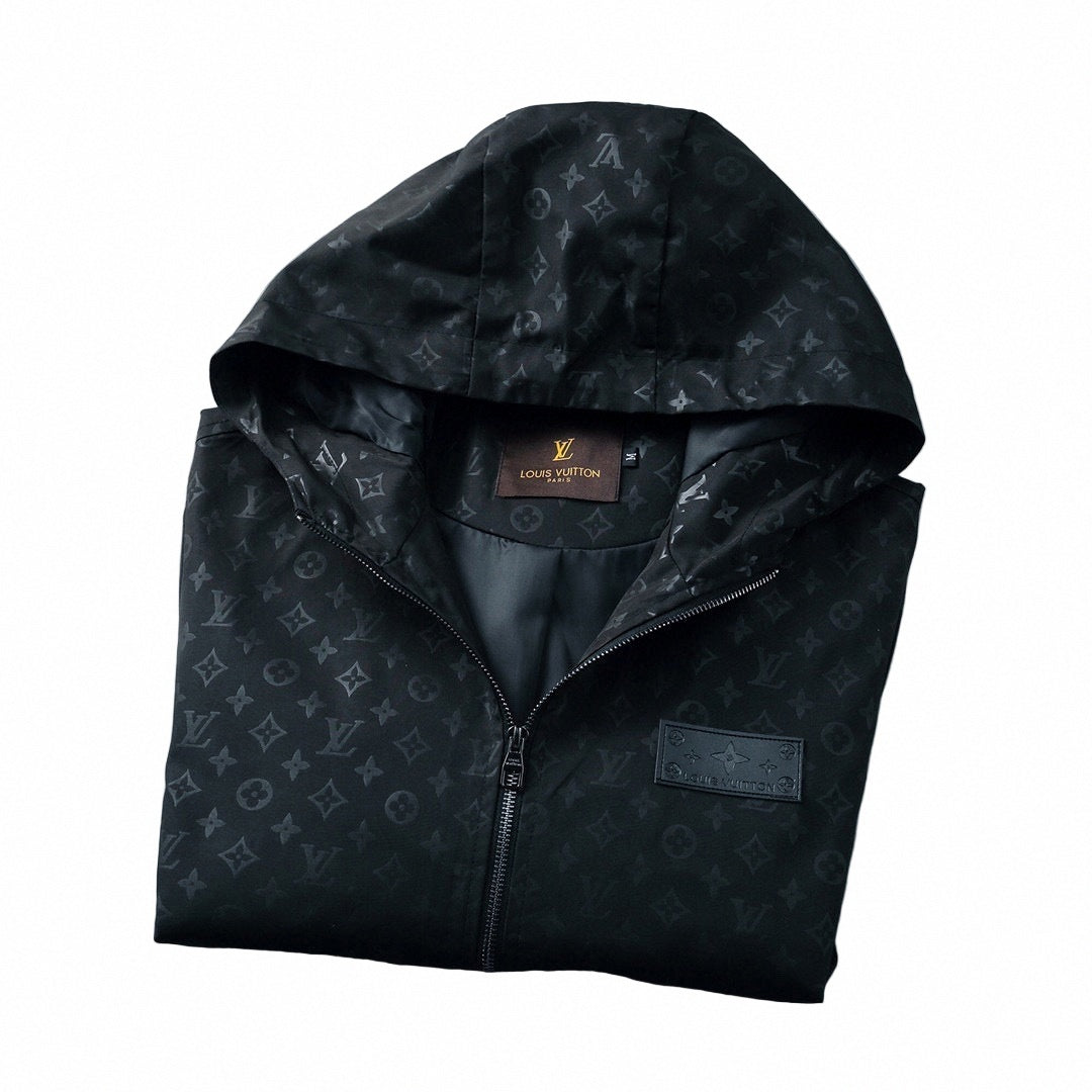 Black Monogram Hooded Windbreaker Jacket