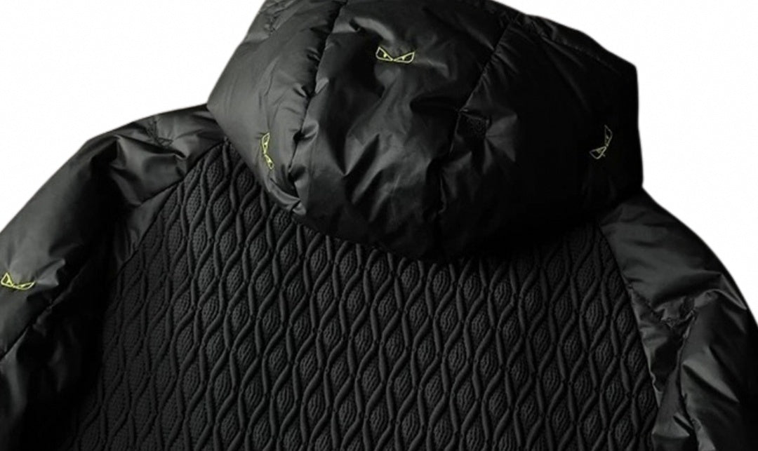 Hooded Puffer Jacket – Geometric Quilt & Monster Patch