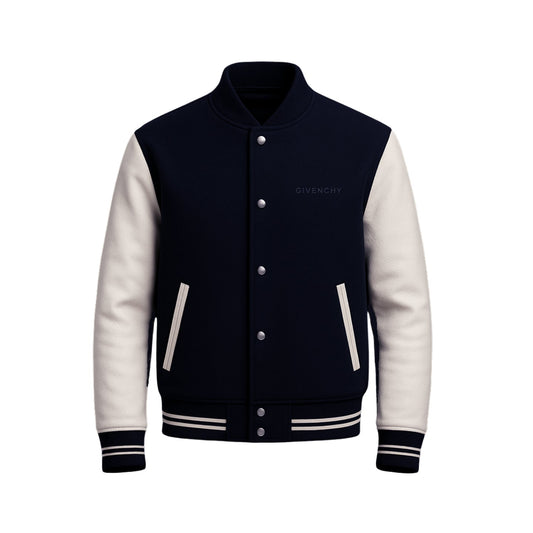 Black & Off-White Varsity Jacket — Leather Sleeves