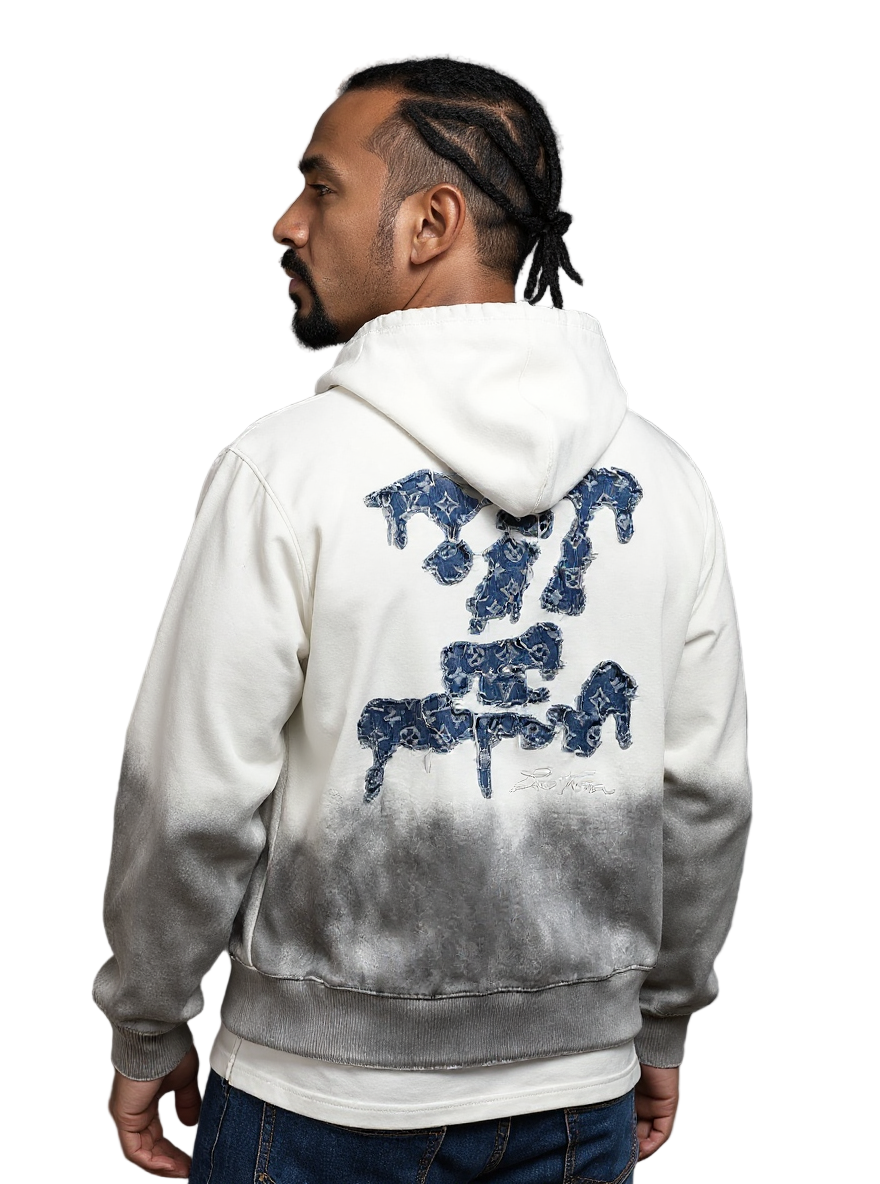 White Gradient Hoodie with Blue LV Patch