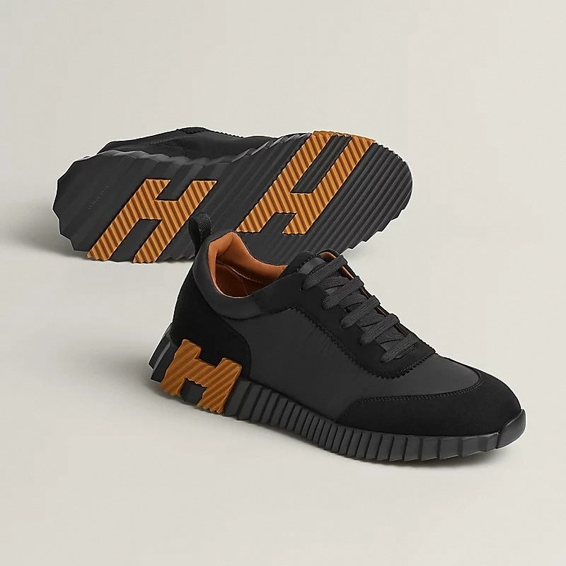 Bouncing Sneaker in Black Calfskin and Suede with Orange “H”