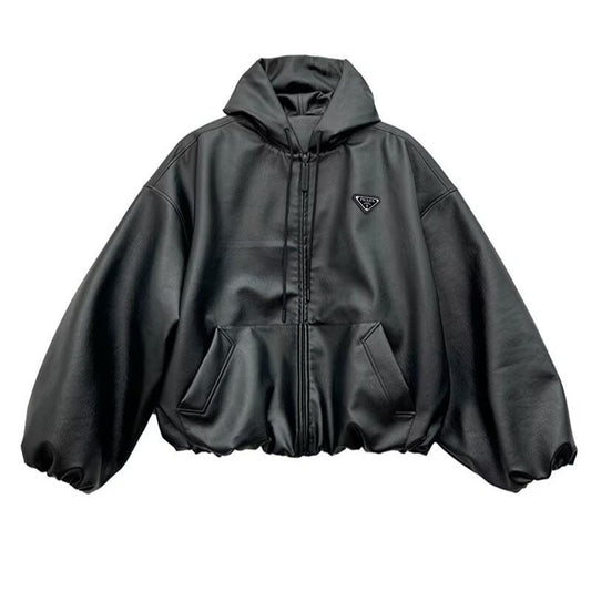 Oversized Re-Nylon Leather Hooded Jacket