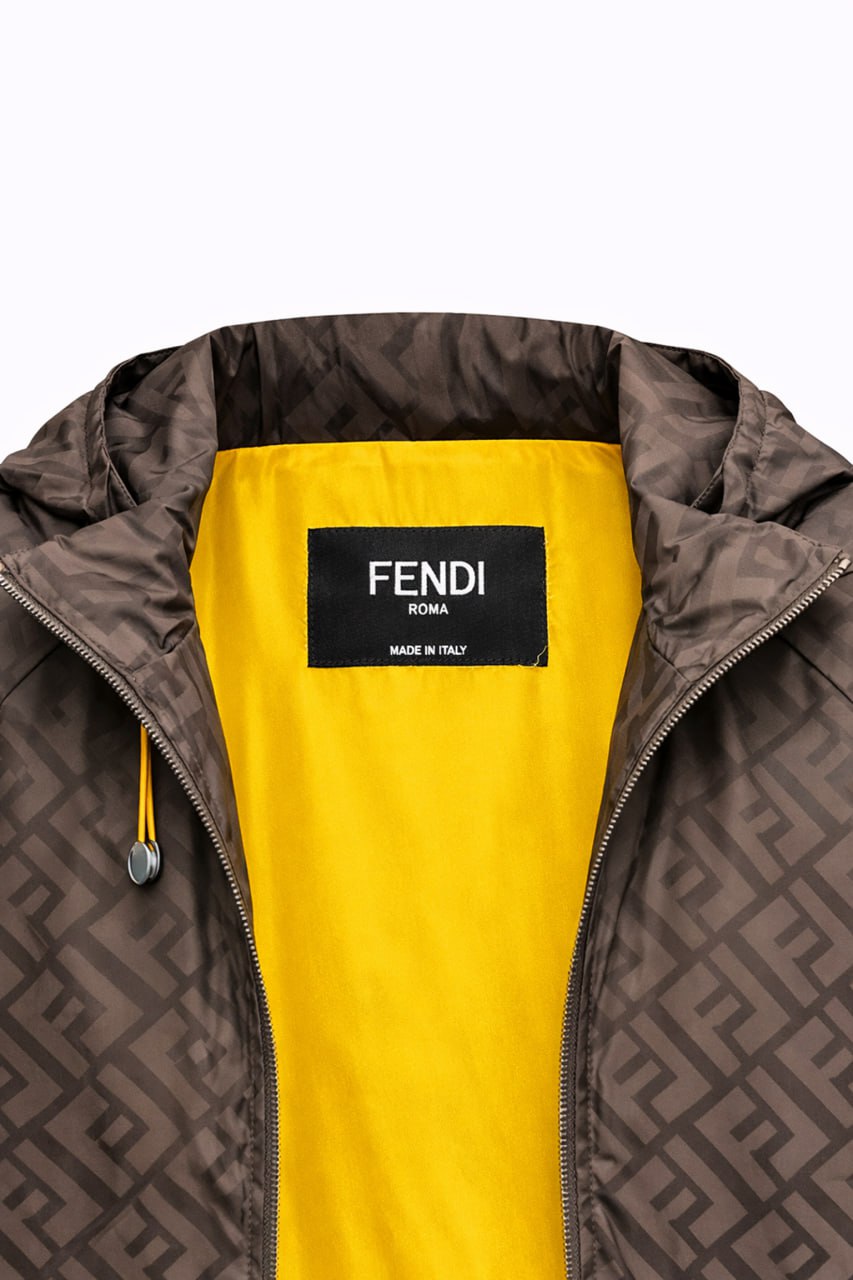 FF Monogram Hooded Windbreaker Jacket – Brown with Yellow Lining