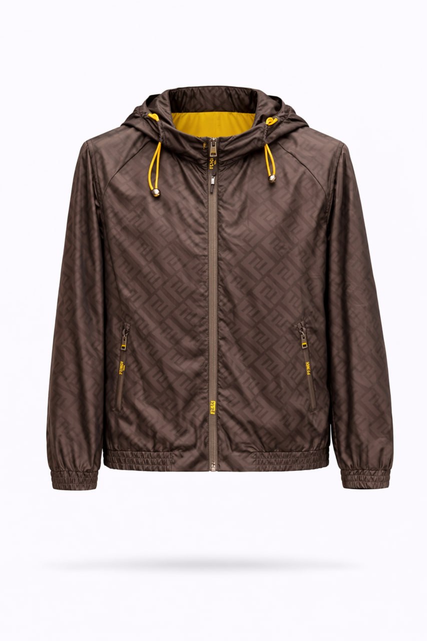 FF Monogram Hooded Windbreaker Jacket – Brown with Yellow Lining
