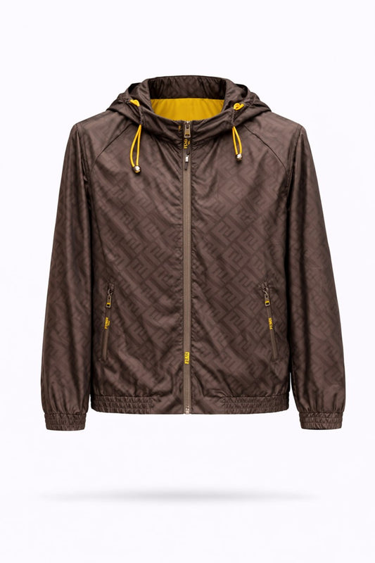 FF Monogram Hooded Windbreaker Jacket – Brown with Yellow Lining