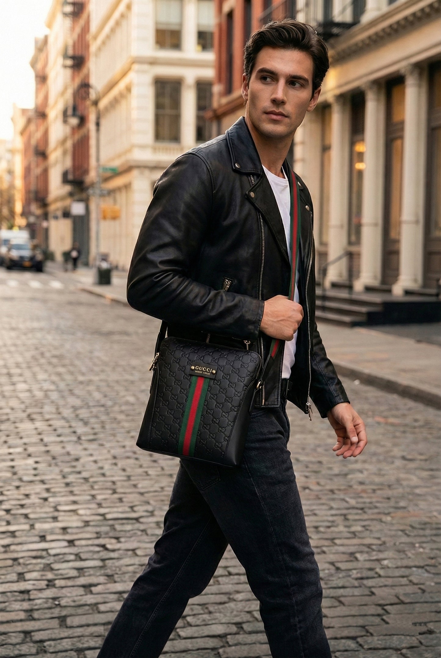 GG Embossed Leather Messenger Bag with Web Stripe