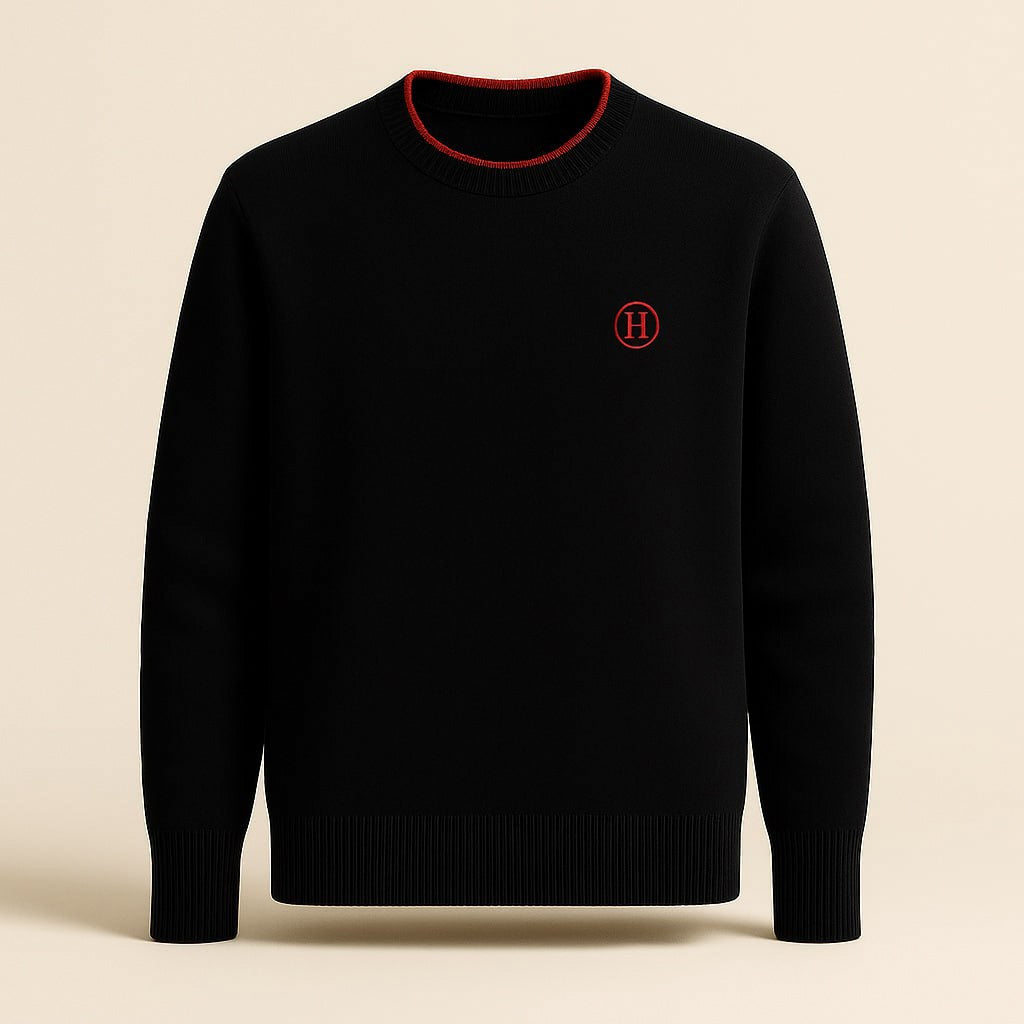 Signature Black Wool Crewneck Sweater with Red Trim