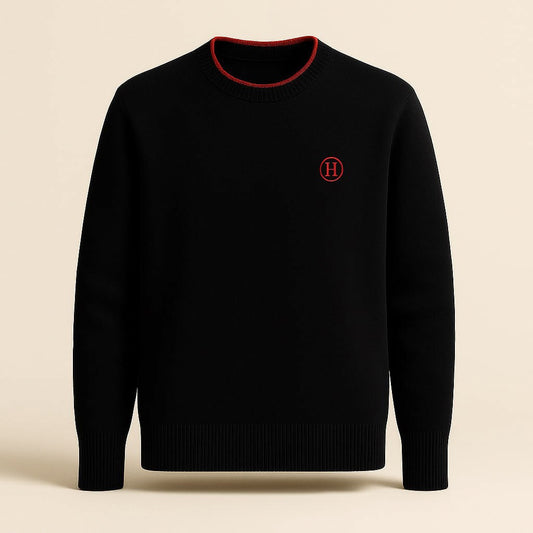 Signature Black Wool Crewneck Sweater with Red Trim